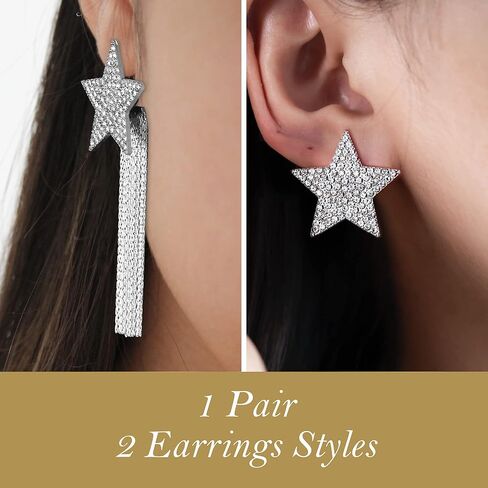 SmileBelle أقراط متدلية من حجر الراين على شكل نجمة فضية لملابس الحفلات الموسيقية، أقراط متدلية ذات أهداب لامعة كإكسسوارات رائعة للنساء والفتيات، أقراط معلقة على شكل شرابة للحفلات الليلية in Kuwait