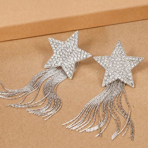 SmileBelle أقراط متدلية من حجر الراين على شكل نجمة فضية لملابس الحفلات الموسيقية، أقراط متدلية ذات أهداب لامعة كإكسسوارات رائعة للنساء والفتيات، أقراط معلقة على شكل شرابة للحفلات الليلية in Kuwait