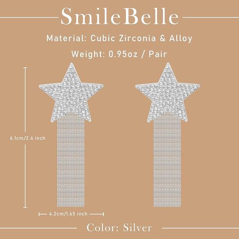 SmileBelle أقراط متدلية من حجر الراين على شكل نجمة فضية لملابس الحفلات الموسيقية، أقراط متدلية ذات أهداب لامعة كإكسسوارات رائعة للنساء والفتيات، أقراط معلقة على شكل شرابة للحفلات الليلية in Kuwait