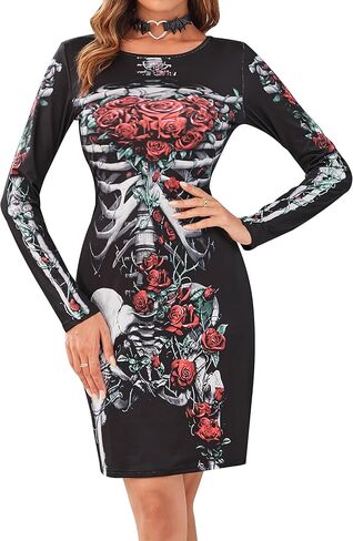 فستان KINMIU النسائي للهالوين بتصميم هيكل عظمي وأكمام طويلة، فستان قصير قصير in Kuwait