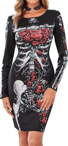 فستان KINMIU النسائي للهالوين بتصميم هيكل عظمي وأكمام طويلة، فستان قصير قصير in Kuwait