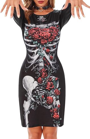 فستان KINMIU النسائي للهالوين بتصميم هيكل عظمي وأكمام طويلة، فستان قصير قصير in Kuwait