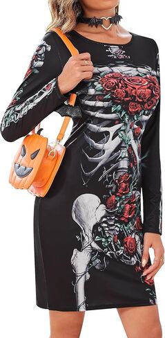 فستان KINMIU النسائي للهالوين بتصميم هيكل عظمي وأكمام طويلة، فستان قصير قصير in Kuwait