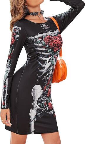 فستان KINMIU النسائي للهالوين بتصميم هيكل عظمي وأكمام طويلة، فستان قصير قصير in Kuwait