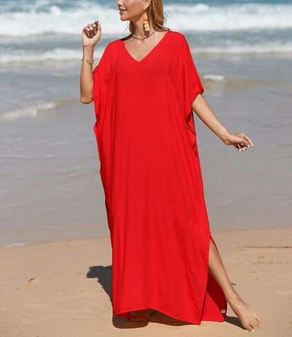 فساتين قفطان ذات لون سادة من Youuxooa للنساء بمقاس كبير قفطان طويل لملابس السباحة in Kuwait