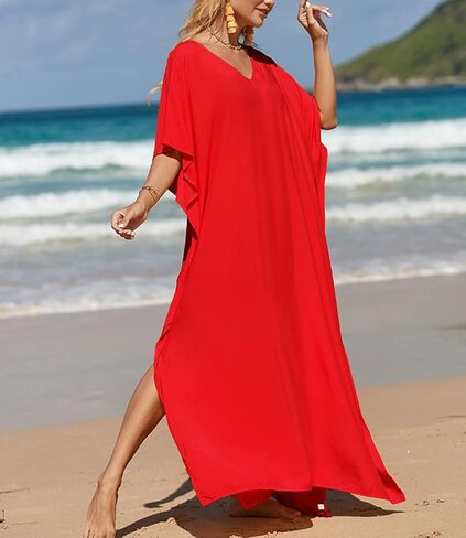 فساتين قفطان ذات لون سادة من Youuxooa للنساء بمقاس كبير قفطان طويل لملابس السباحة in Kuwait