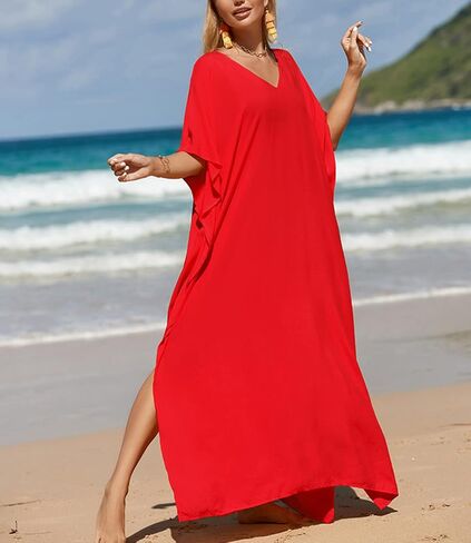 فساتين قفطان ذات لون سادة من Youuxooa للنساء بمقاس كبير قفطان طويل لملابس السباحة in Kuwait