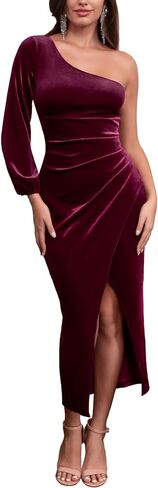 فستان DRESSTELLS نسائي مخملي بكتف واحد، وأكمام طويلة وفتحة ضيقة، فساتين ضيوف حفلات الزفاف 2023 in Kuwait