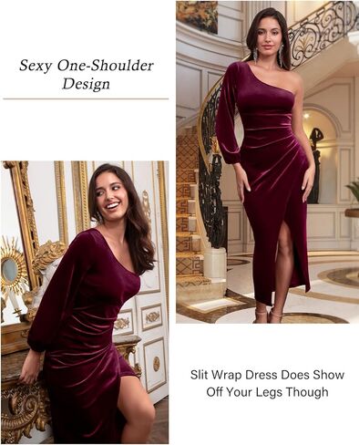 فستان DRESSTELLS نسائي مخملي بكتف واحد، وأكمام طويلة وفتحة ضيقة، فساتين ضيوف حفلات الزفاف 2023 in Kuwait