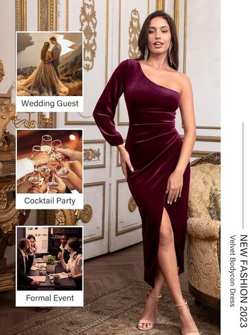 فستان DRESSTELLS نسائي مخملي بكتف واحد، وأكمام طويلة وفتحة ضيقة، فساتين ضيوف حفلات الزفاف 2023 in Kuwait