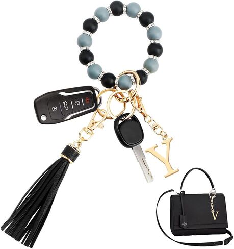 WALLFID Wrist Keychain for Women Silicone Keychain Wristlet with Metal Alphabet Initial Letter and Leather Tassel in Kuwait