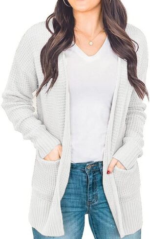 سترة صوفية منسوجة من IWOLLENCE للنساء مفتوحة من الأمام وخفيفة الوزن وأكمام طويلة وسترات صوفية ناعمة مع جيوب in Kuwait