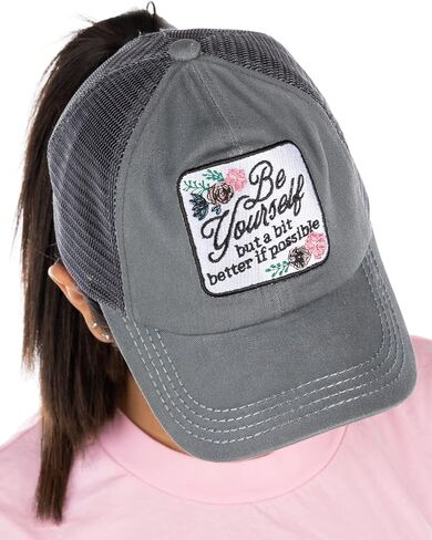 Funky Junque Criss Cross Saying Ponytail Hat Womens Baseball Cap Distressed Embroidered Patch Messy Bun Trucker Ponycap in Kuwait