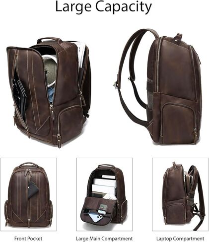 حقيبة ظهر للاب توب من الجلد المحبب بالكامل من هيسباري، لون بني، مقاس L، حقيبة ظهر للابتوب مقاس 16 انش, بني in Kuwait