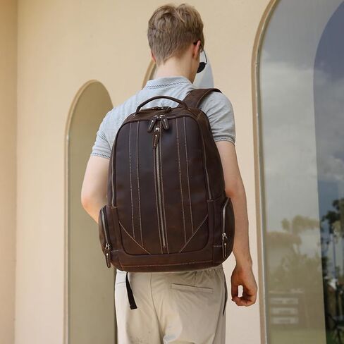 حقيبة ظهر للاب توب من الجلد المحبب بالكامل من هيسباري، لون بني، مقاس L، حقيبة ظهر للابتوب مقاس 16 انش, بني in Kuwait