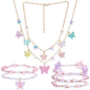 PinkSheep Butterfly Flower Necklace Bracelet for Girl Women Butterfly Jewelry 7PC Choker Necklaces Bracelet Cute Necklaces Beaded Necklace Bracelets Girl Gift