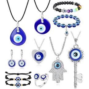 Fansilver 11 قطعة من قلادات العين الشريرة للنساء والرجال قلادة يد همسة أساور عين الشر أقراط خواتم مجموعة مجوهرات الحماية التركية هدية لصديقتك وصديقتك in Kuwait
