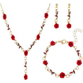 3 Pcs Rose Flower Necklace Bracelet Earrings Set for Women Girls Gold Plated Retro Aesthetic 3D Long Red Flower Leaf Tassel Chain Dangle Stud Earrings for Her Wife Mom Daughter Sister Friend Lover Wedding Birthday Mother's Day Trendy Jewelry Gifts in Kuwait