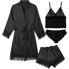 QLVKYW Womens Lingeries Silk Pajamas Robes Set 4Pcs Sexy Pjs Cami Shorts Satin Sleepwear Lace Loungewear