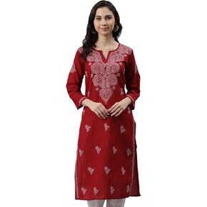 تونيك كورتا كورتي نسائي من القطن المستقيم مطرز يدويًا من Ada Indian طراز Chikankari A197536