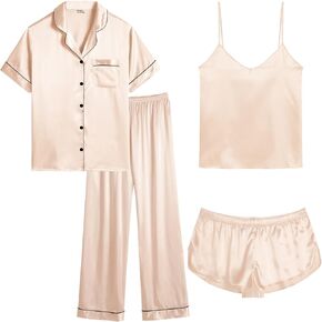 SWOMOG Women Plus Size Pajama Set 4pcs Silk Satin Sleepwear Button Down Pjs Cami Shorts Set Loose Loungewear 16W-26W