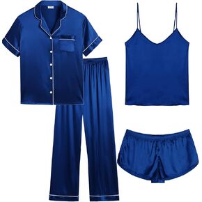 SWOMOG Women Plus Size Pajama Set 4pcs Silk Satin Sleepwear Button Down Pjs Cami Shorts Set Loose Loungewear 16W-26W