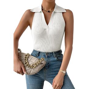 Cozyease Women's Collared Ribbed Tank Knit Top Solid Ribbed Knit Sleeveless Casual Plain Summer Top