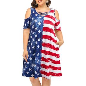 Pinup Fashion Women's Plus Size Sun Dress Cold Shoulder Casual T-Shirt Knee Length Sundresses with Pockets