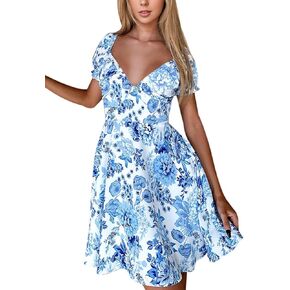 Relipop Womens Floral Summer Dresses V Neck Ruched Bust Short Sleeve Smocked Back Ruffle Swing Casual Mini Dress for Women
