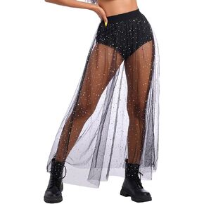 FYMNSI Women 2 in 1 Sheer Mesh Stars Sequins Maxi Tulle Skirt High Waist See Through A-Line Long Skirt Festival Rave Outfit in Kuwait
