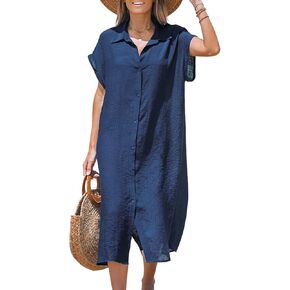 CUPSHE Women Buttoned Cover-Up Shirt Dress Summer Short Sleeve Split Midi Dresses