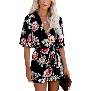 Relipop Women's Summer Romper Floral Print V Neck Flared Half Sleeve Elastic Tie Waist Ruffle Casual Rompers Jumpsuits