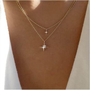 Allereyae Vintage Layered Rhinestone Northstar Necklace Crystal Star Pendant Necklace Gold Cz Starburst Choker Necklace Double Star Necklace Jewelry for Women and Girls (Gold)