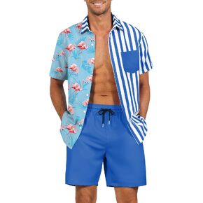 أطقم ملابس الشاطئ الرجالية من LecGee، قمصان Guayabera بأزرار وشورتات رياضية مكونة من قطعتين ملابس صيفية (أزرق، مقاس XX-Large) in Kuwait