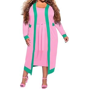 Womens Plus Size 2 Piece Outfits - Open Front Cardigan and Belted Tank Bodycon Midi Dress Sets in Kuwait
