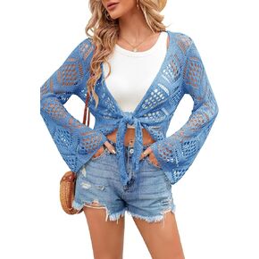 SUNMMWERY Womens Summer Boho Tops Sheer Crochet Coverup Beach Bathing Swimsuit Cover Ups Shrugs Crop Swimwear Outfits in Saudi Arabia