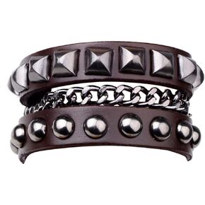 WODOUKEI Genuine Leather Cuff Punk Metal Rock Bracelets Men Women, Metal Emo Chain Bracelets Wristbands Adjustable Wrap