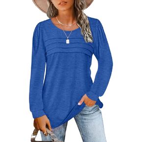 Bellcoco Womens Pleated Front Tunic Top Fall Fashion Casual Shirts 2023 Trendy Puff Long Sleeve Crew Neck Blouses Dressy
