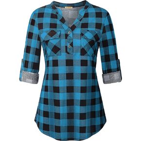 قميص نسائي من BAIKEA بأكمام طويلة ورقبة منقوشة وأزرار سفلية ومربعات in Kuwait