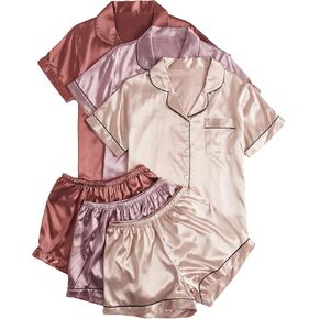 SOLY HUX Women's 3 Set Satin Pajama Set Short Sleeve V Neck Collar Button Down Shirt Top with Shorts Sleepwear