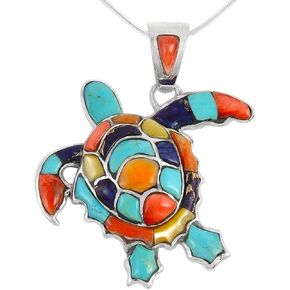 Turquoise Network Turtle Pendant Necklace in Sterling Silver 925 & Genuine Gemstones