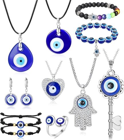 Fansilver 11 قطعة من قلادات العين الشريرة للنساء والرجال قلادة يد همسة أساور عين الشر أقراط خواتم مجموعة مجوهرات الحماية التركية هدية لصديقتك وصديقتك in Kuwait