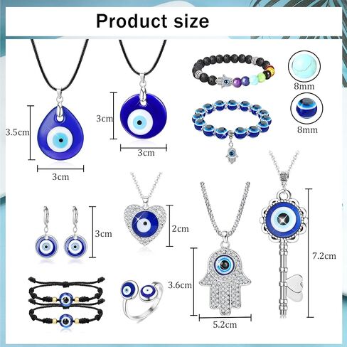 Fansilver 11 قطعة من قلادات العين الشريرة للنساء والرجال قلادة يد همسة أساور عين الشر أقراط خواتم مجموعة مجوهرات الحماية التركية هدية لصديقتك وصديقتك in Kuwait