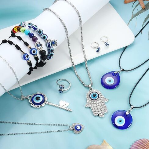 Fansilver 11 قطعة من قلادات العين الشريرة للنساء والرجال قلادة يد همسة أساور عين الشر أقراط خواتم مجموعة مجوهرات الحماية التركية هدية لصديقتك وصديقتك in Kuwait