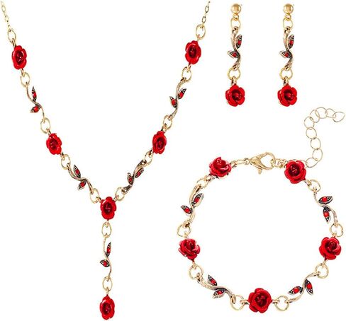 3 Pcs Rose Flower Necklace Bracelet Earrings Set for Women Girls Gold Plated Retro Aesthetic 3D Long Red Flower Leaf Tassel Chain Dangle Stud Earrings for Her Wife Mom Daughter Sister Friend Lover Wedding Birthday Mother's Day Trendy Jewelry Gifts in Saudi Arabia