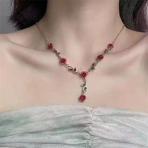 3 Pcs Rose Flower Necklace Bracelet Earrings Set for Women Girls Gold Plated Retro Aesthetic 3D Long Red Flower Leaf Tassel Chain Dangle Stud Earrings for Her Wife Mom Daughter Sister Friend Lover Wedding Birthday Mother's Day Trendy Jewelry Gifts in Saudi Arabia