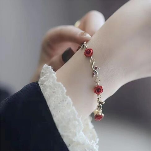 3 Pcs Rose Flower Necklace Bracelet Earrings Set for Women Girls Gold Plated Retro Aesthetic 3D Long Red Flower Leaf Tassel Chain Dangle Stud Earrings for Her Wife Mom Daughter Sister Friend Lover Wedding Birthday Mother's Day Trendy Jewelry Gifts in Saudi Arabia