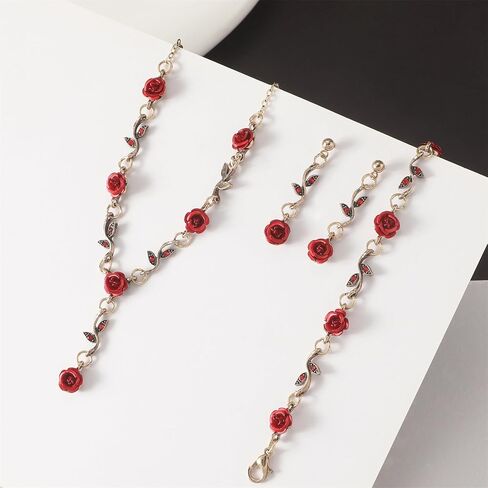 3 Pcs Rose Flower Necklace Bracelet Earrings Set for Women Girls Gold Plated Retro Aesthetic 3D Long Red Flower Leaf Tassel Chain Dangle Stud Earrings for Her Wife Mom Daughter Sister Friend Lover Wedding Birthday Mother's Day Trendy Jewelry Gifts in Saudi Arabia
