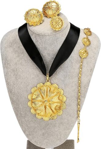Sajayea Ethiopian Jewelry for Women Sets Gold Big Pendant Earrings Ring Headchain African Habesha Wedding Bride Gifts in Saudi Arabia