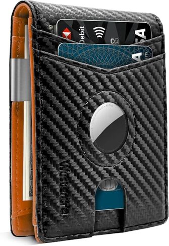 حامل محفظة Wustentre AirTag مع مشبك نقود، محفظة بطاقات هوائية، محفظة حامل بطاقات الائتمان من الجلد الكربوني البسيط RFID تحجب Bifold، محفظة جيب أمامي نحيفة للرجال مع ملحقات فتحة AirTag in Kuwait